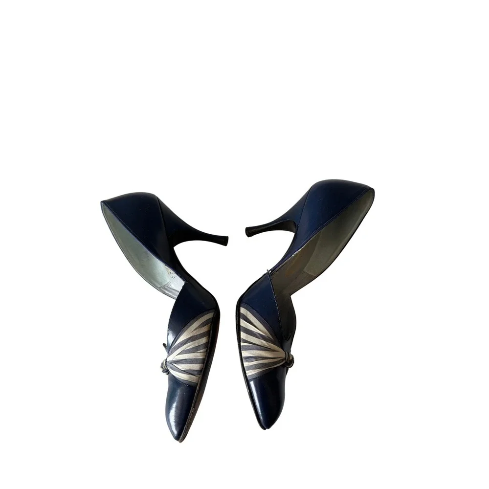 Vintage 40s 50s Peacock Shoes Blue Leather Striped Knot Pointed Toe Pumps Heels